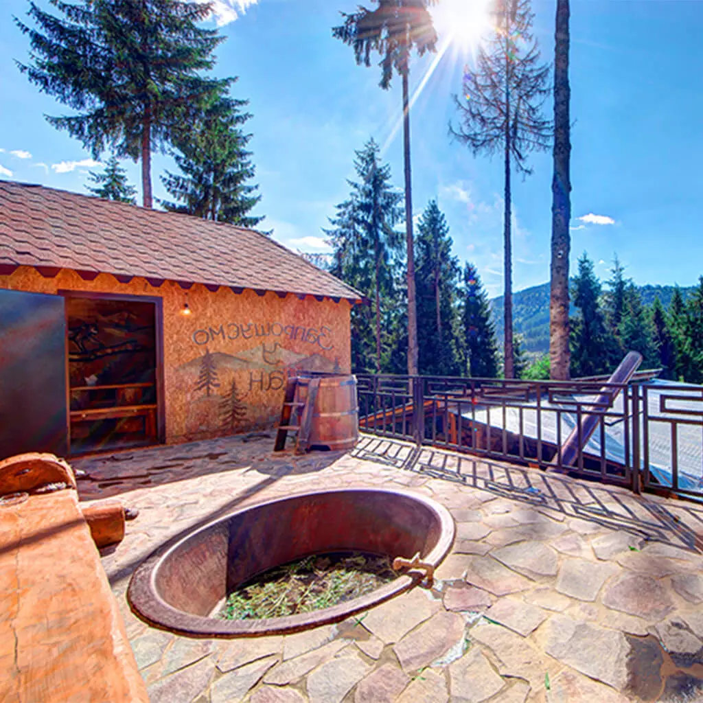 estate with outdoor wood burning hot tub