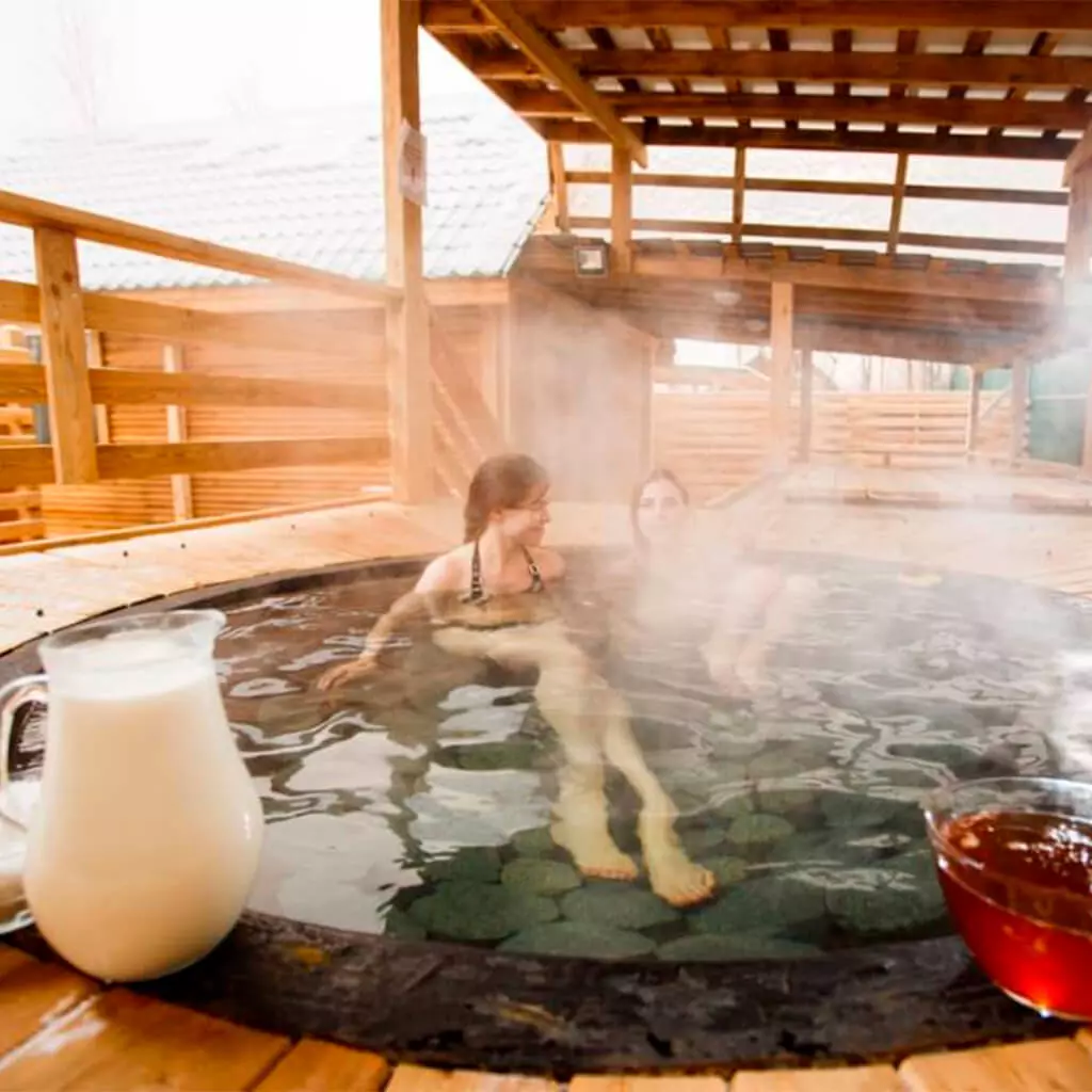 mother and dother in mineral water hot tub stainless